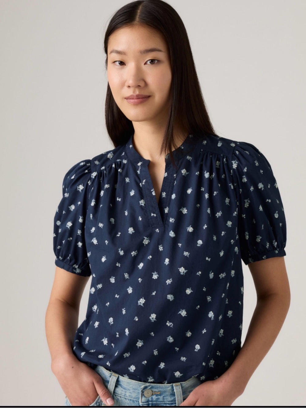 NWT Levi's Amelie Poplin Puff Sleeve Blouse Navy Blue Floral Size Large